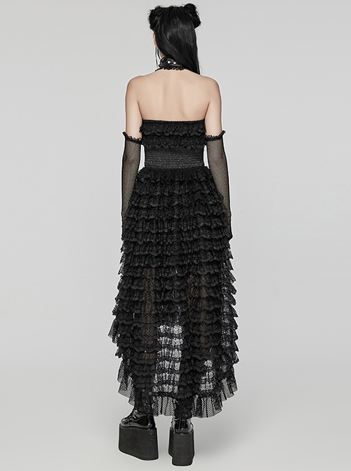 Cute And Sweet Black Lace Stitching Layered Cake Mesh Fabric Front Chest Detachable Halter Strap Design Punk Style Sleeve Dress