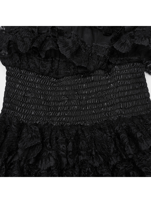 Cute And Sweet Black Lace Stitching Layered Cake Mesh Fabric Front Chest Detachable Halter Strap Design Punk Style Sleeve Dress