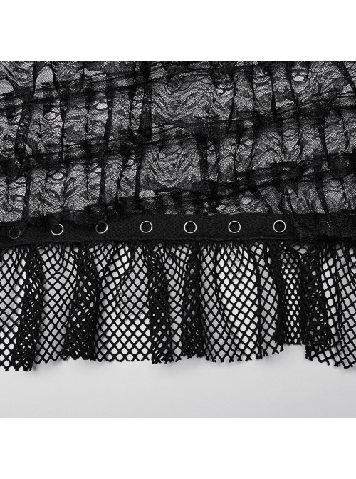 Cute And Sweet Black Lace Stitching Layered Cake Mesh Fabric Front Chest Detachable Halter Strap Design Punk Style Sleeve Dress