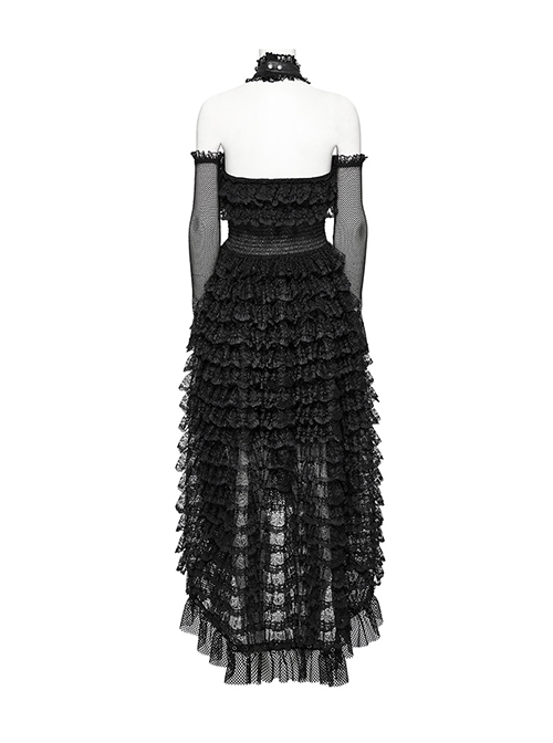 Cute And Sweet Black Lace Stitching Layered Cake Mesh Fabric Front Chest Detachable Halter Strap Design Punk Style Sleeve Dress