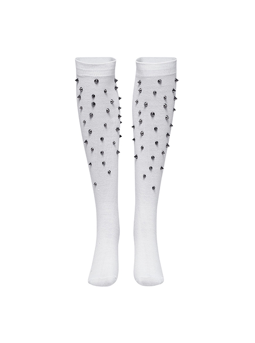 Personalized White Combed Cotton With Plastic Rivet Decorated Punk Style High Socks