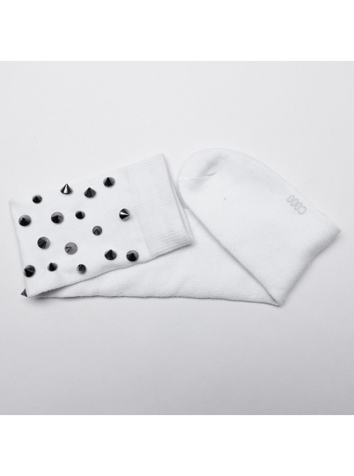 Personalized White Combed Cotton With Plastic Rivet Decorated Punk Style High Socks