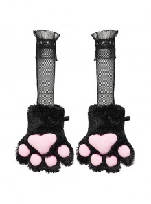 Black And Pink Short Plush Lanyard Mesh Rivet Sleeves Punk Style Cat Claw Gloves