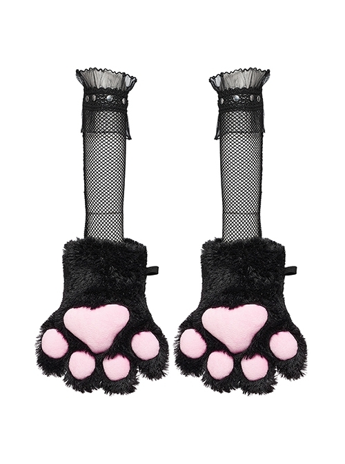 Black And Pink Short Plush Lanyard Mesh Rivet Sleeves Punk Style Cat Claw Gloves