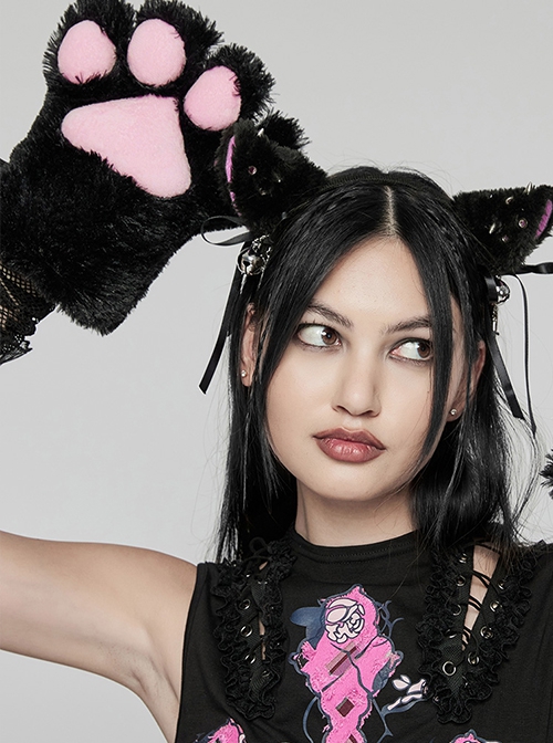 Black And Pink Short Plush Lanyard Mesh Rivet Sleeves Punk Style Cat Claw Gloves