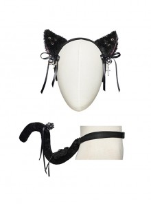 Black And Pink Short Plush With Metal Eyelets Rivet Bow Decoration Punk Style Cute Headband Cat Tail Suit