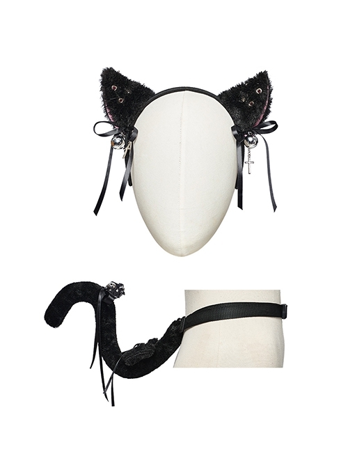 Black And Pink Short Plush With Metal Eyelets Rivet Bow Decoration Punk Style Cute Headband Cat Tail Suit
