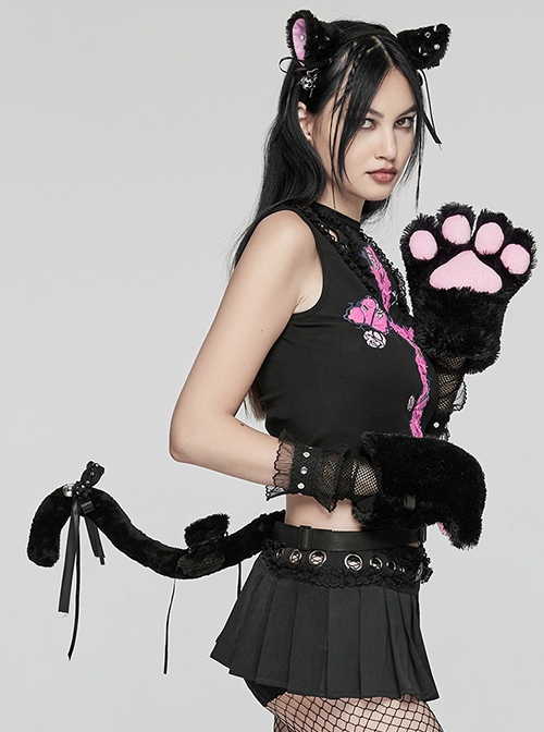 Black And Pink Short Plush With Metal Eyelets Rivet Bow Decoration Punk Style Cute Headband Cat Tail Suit