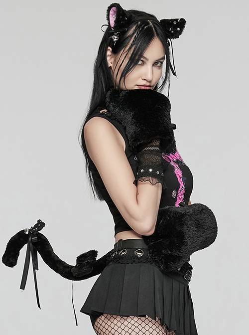 Black And Pink Short Plush With Metal Eyelets Rivet Bow Decoration Punk Style Cute Headband Cat Tail Suit