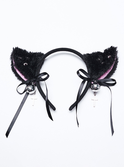 Black And Pink Short Plush With Metal Eyelets Rivet Bow Decoration Punk Style Cute Headband Cat Tail Suit