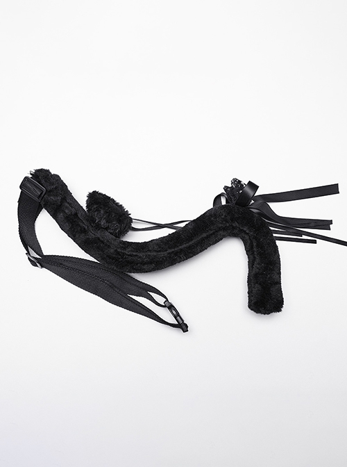 Black And Pink Short Plush With Metal Eyelets Rivet Bow Decoration Punk Style Cute Headband Cat Tail Suit
