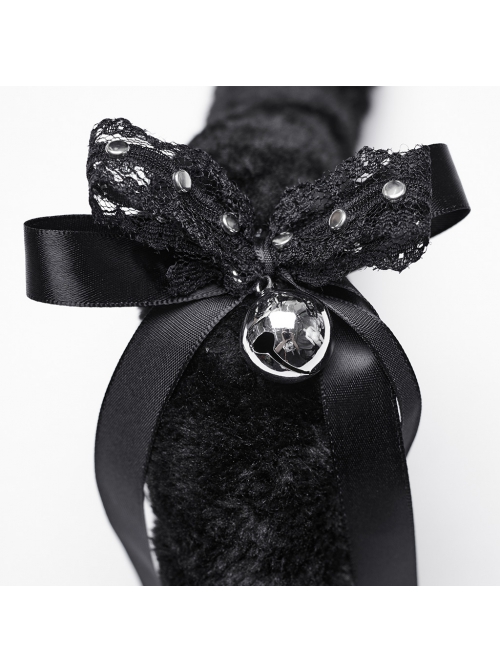 Black And Pink Short Plush With Metal Eyelets Rivet Bow Decoration Punk Style Cute Headband Cat Tail Suit