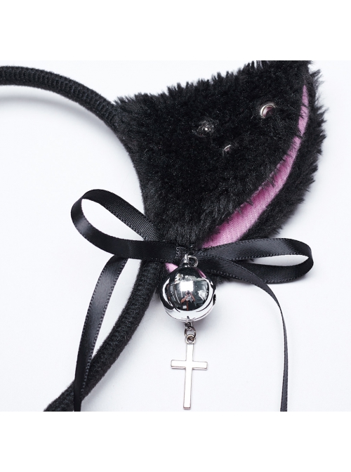 Black And Pink Short Plush With Metal Eyelets Rivet Bow Decoration Punk Style Cute Headband Cat Tail Suit