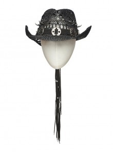 Wild Retro Black Hollow Raffia Woven Front Center Spikes With Ring Decoration Punk Cowboy Hat