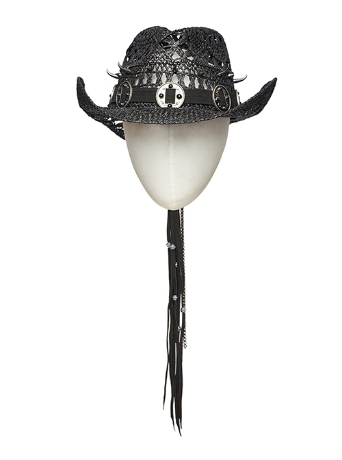Wild Retro Black Hollow Raffia Woven Front Center Spikes With Ring Decoration Punk Cowboy Hat