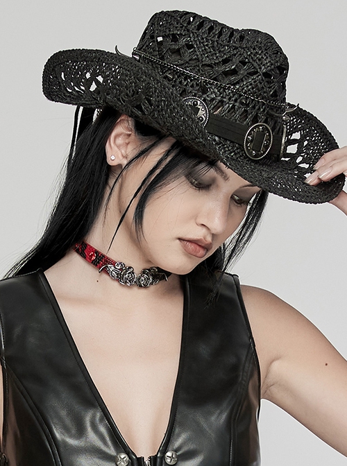Wild Retro Black Hollow Raffia Woven Front Center Spikes With Ring Decoration Punk Cowboy Hat