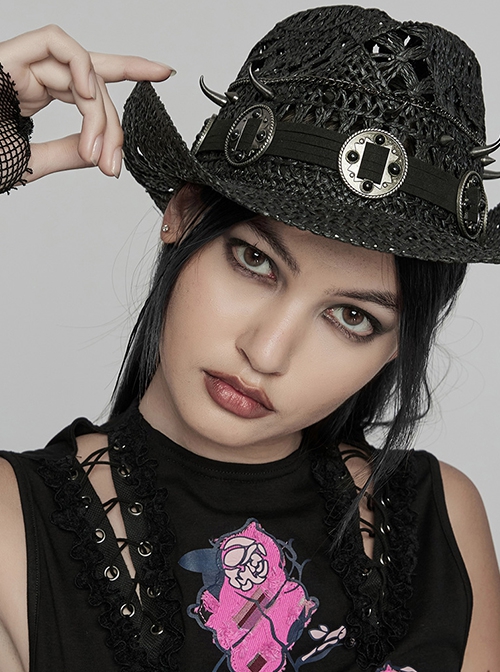 Wild Retro Black Hollow Raffia Woven Front Center Spikes With Ring Decoration Punk Cowboy Hat