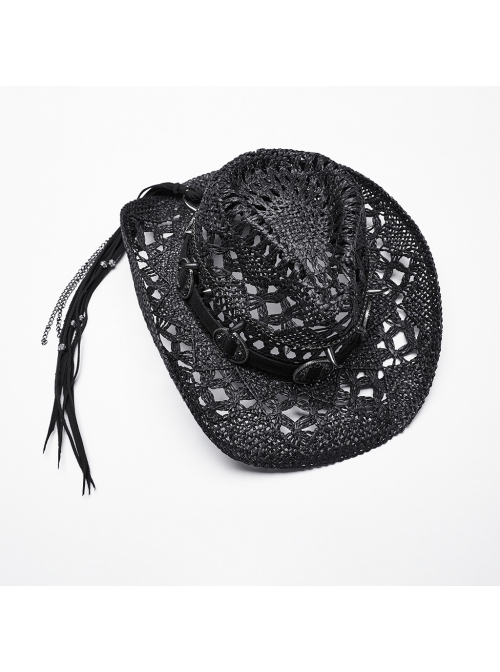 Wild Retro Black Hollow Raffia Woven Front Center Spikes With Ring Decoration Punk Cowboy Hat