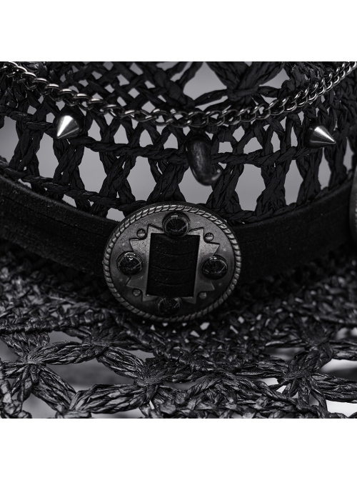 Wild Retro Black Hollow Raffia Woven Front Center Spikes With Ring Decoration Punk Cowboy Hat