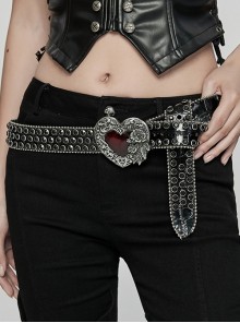 Exquisite Retro Black Artificial Leather Front Center Heart Rhinestone With Rose Buckle Punk Rock Belt