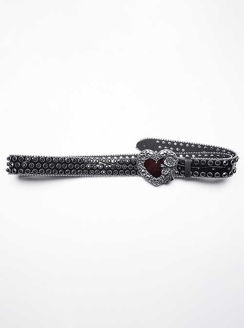 Exquisite Retro Black Artificial Leather Front Center Heart Rhinestone With Rose Buckle Punk Rock Belt