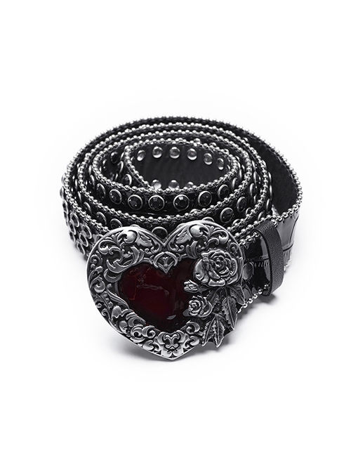 Exquisite Retro Black Artificial Leather Front Center Heart Rhinestone With Rose Buckle Punk Rock Belt