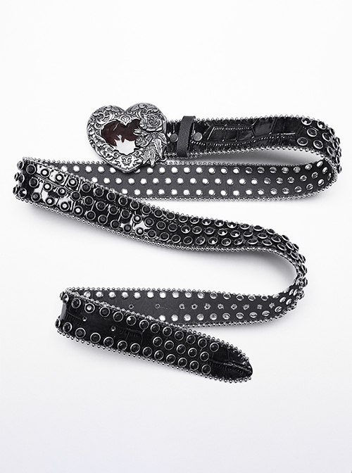 Exquisite Retro Black Artificial Leather Front Center Heart Rhinestone With Rose Buckle Punk Rock Belt