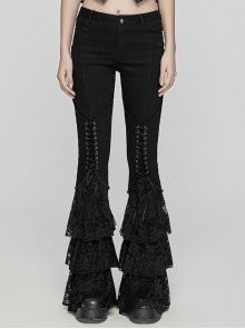 Black Slightly Elastic Twill Stitching Lace Hem Front V Shaped Raw Edge Design Gothic Style Low Waist Slim Flared Pants