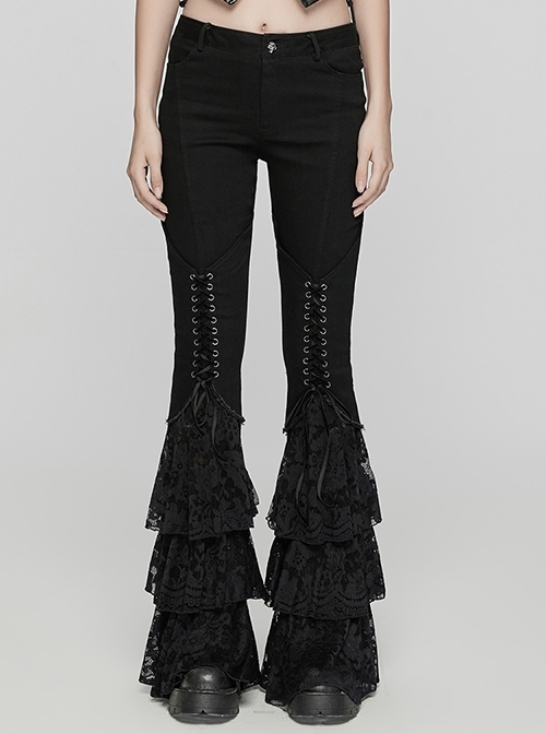 Black Slightly Elastic Twill Stitching Lace Hem Front V Shaped Raw Edge Design Gothic Style Low Waist Slim Flared Pants