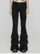 Black Slightly Elastic Twill Stitching Lace Hem Front V Shaped Raw Edge Design Gothic Style Low Waist Slim Flared Pants