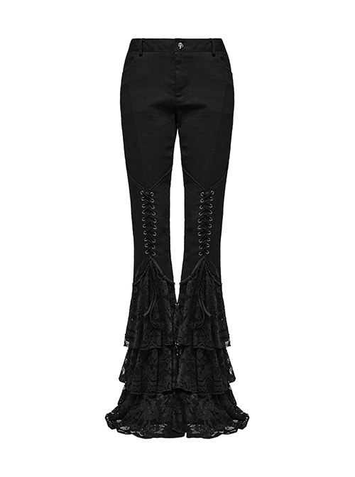 Black Slightly Elastic Twill Stitching Lace Hem Front V Shaped Raw Edge Design Gothic Style Low Waist Slim Flared Pants