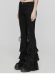 Black Slightly Elastic Twill Stitching Lace Hem Front V Shaped Raw Edge Design Gothic Style Low Waist Slim Flared Pants