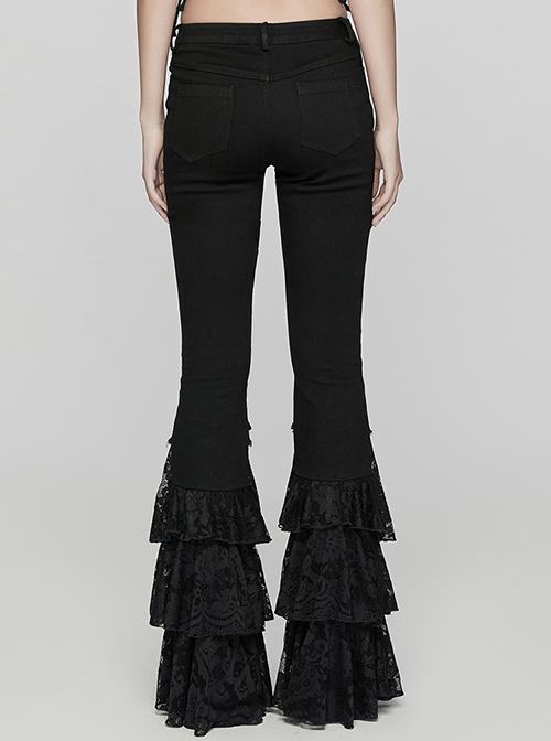 Black Slightly Elastic Twill Stitching Lace Hem Front V Shaped Raw Edge Design Gothic Style Low Waist Slim Flared Pants