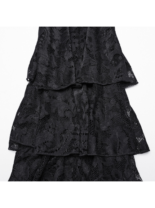 Black Slightly Elastic Twill Stitching Lace Hem Front V Shaped Raw Edge Design Gothic Style Low Waist Slim Flared Pants