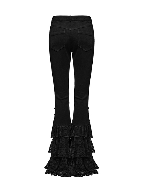 Black Slightly Elastic Twill Stitching Lace Hem Front V Shaped Raw Edge Design Gothic Style Low Waist Slim Flared Pants