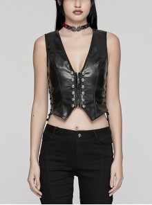 Simple Black Glossy Imitation Leather Front Deep V Inverted Triangle Design With Metal Cross Rivet Punk Style Slim Vest