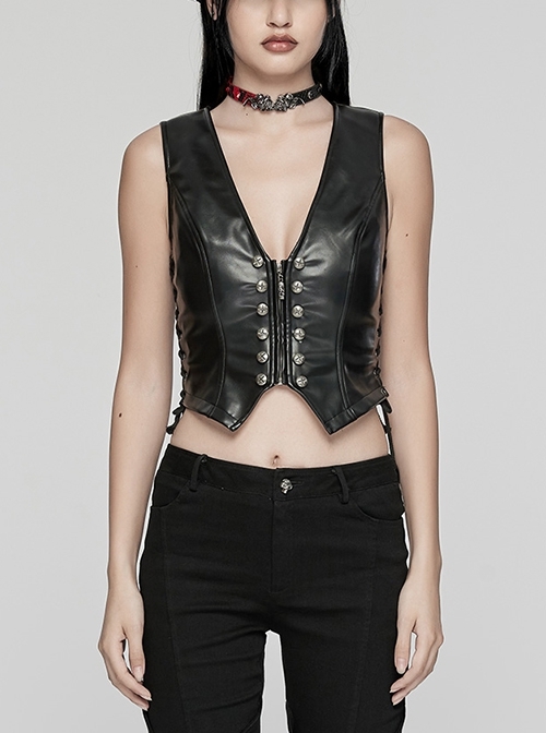 Simple Black Glossy Imitation Leather Front Deep V Inverted Triangle Design With Metal Cross Rivet Punk Style Slim Vest