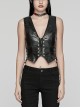 Simple Black Glossy Imitation Leather Front Deep V Inverted Triangle Design With Metal Cross Rivet Punk Style Slim Vest