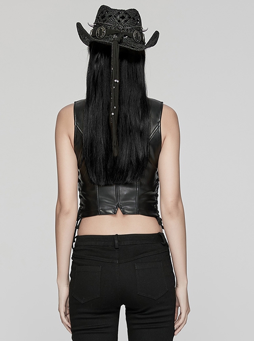 Simple Black Glossy Imitation Leather Front Deep V Inverted Triangle Design With Metal Cross Rivet Punk Style Slim Vest