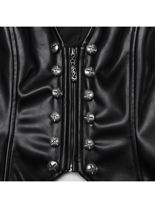 Simple Black Glossy Imitation Leather Front Deep V Inverted Triangle Design With Metal Cross Rivet Punk Style Slim Vest