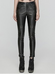 Black Simple Faux Leather Front Seam Stitching With Metal Rivets Punk Style Slim Leather Pants