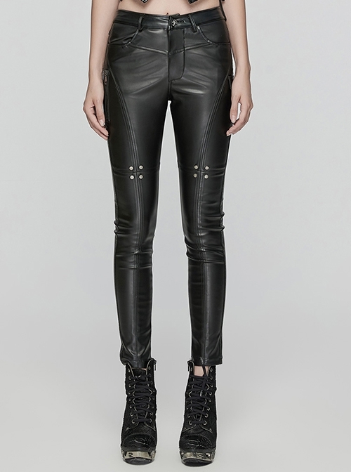 Black Simple Faux Leather Front Seam Stitching With Metal Rivets Punk Style Slim Leather Pants
