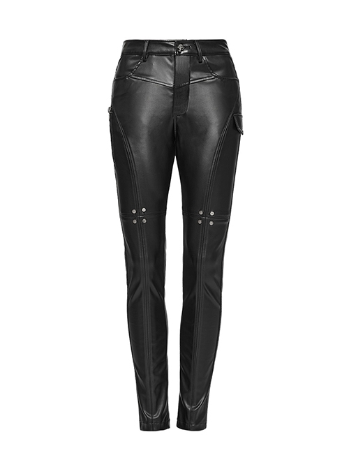 Black Simple Faux Leather Front Seam Stitching With Metal Rivets Punk Style Slim Leather Pants