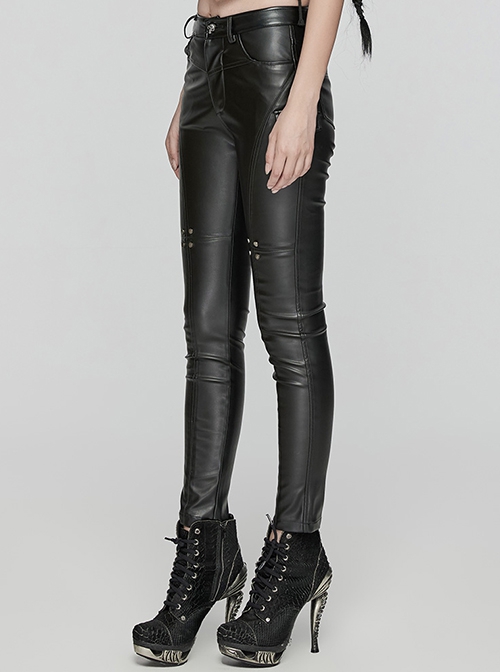Black Simple Faux Leather Front Seam Stitching With Metal Rivets Punk Style Slim Leather Pants