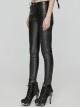 Black Simple Faux Leather Front Seam Stitching With Metal Rivets Punk Style Slim Leather Pants