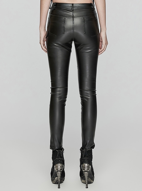 Black Simple Faux Leather Front Seam Stitching With Metal Rivets Punk Style Slim Leather Pants