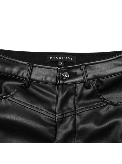Black Simple Faux Leather Front Seam Stitching With Metal Rivets Punk Style Slim Leather Pants