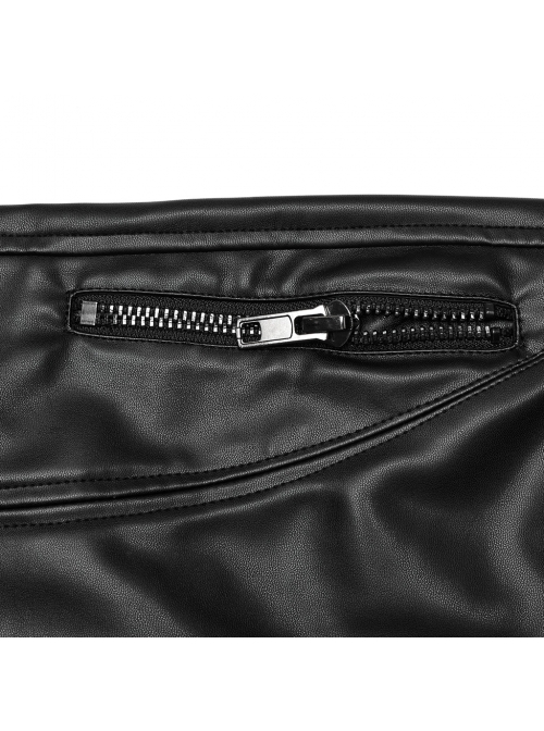 Black Simple Faux Leather Front Seam Stitching With Metal Rivets Punk Style Slim Leather Pants