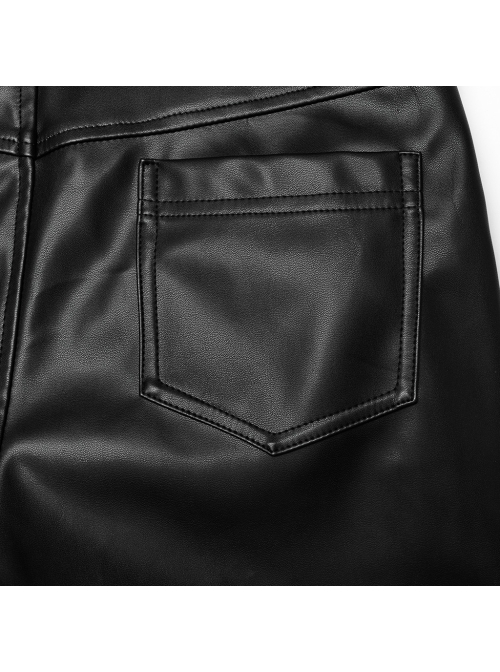 Black Simple Faux Leather Front Seam Stitching With Metal Rivets Punk Style Slim Leather Pants