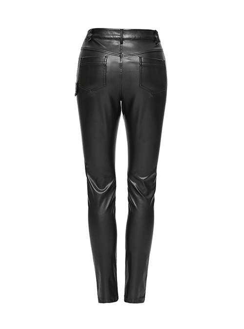 Black Simple Faux Leather Front Seam Stitching With Metal Rivets Punk Style Slim Leather Pants